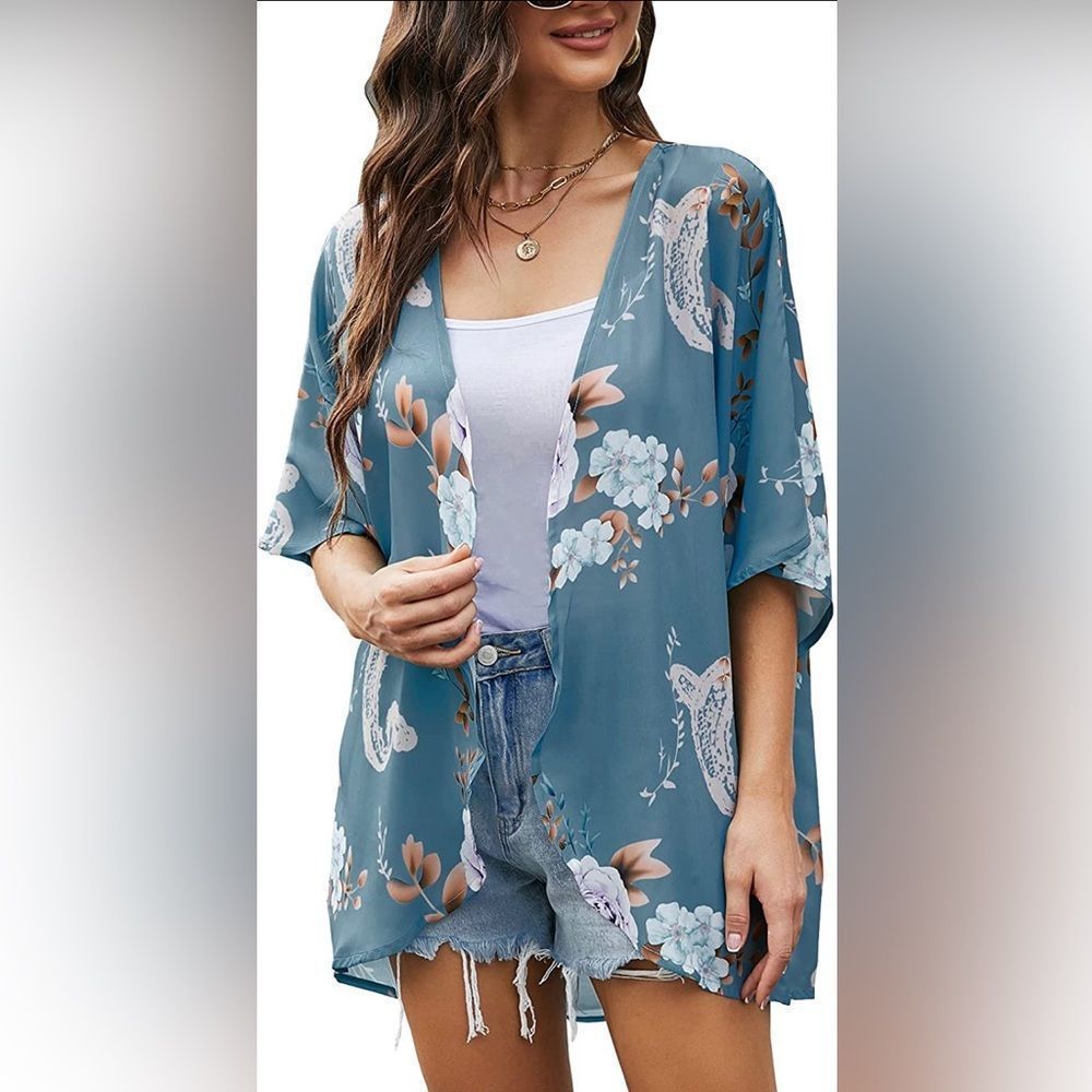 Women's Blue Pink Floral Long Sleeve Open Cardigan Size XL